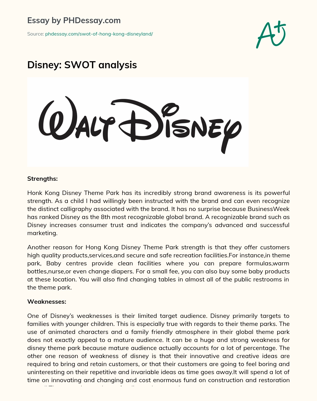 Disney: SWOT Analysis essay