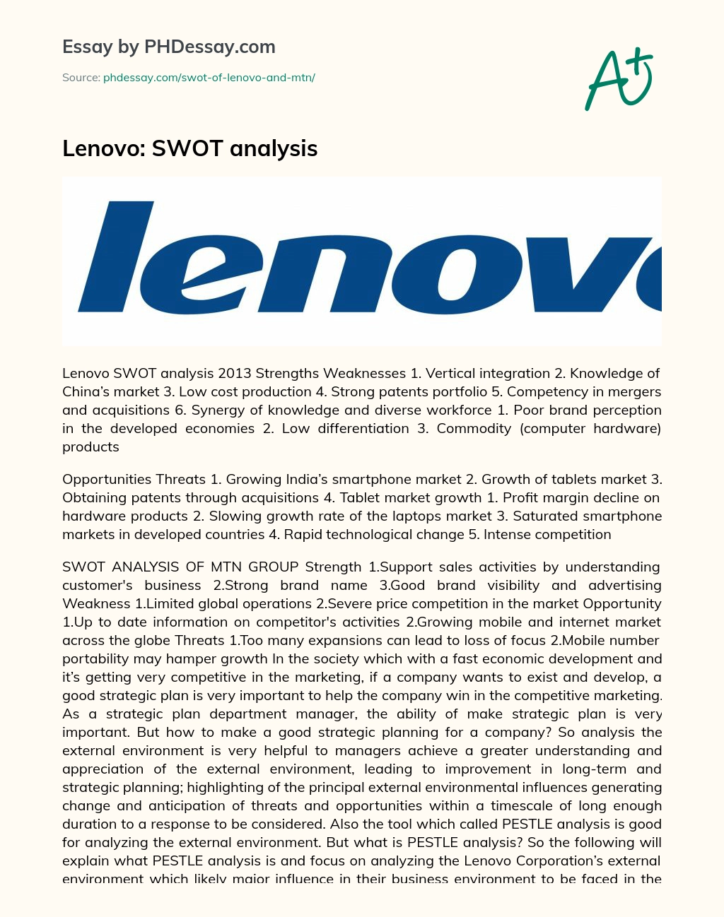 Lenovo: SWOT analysis essay