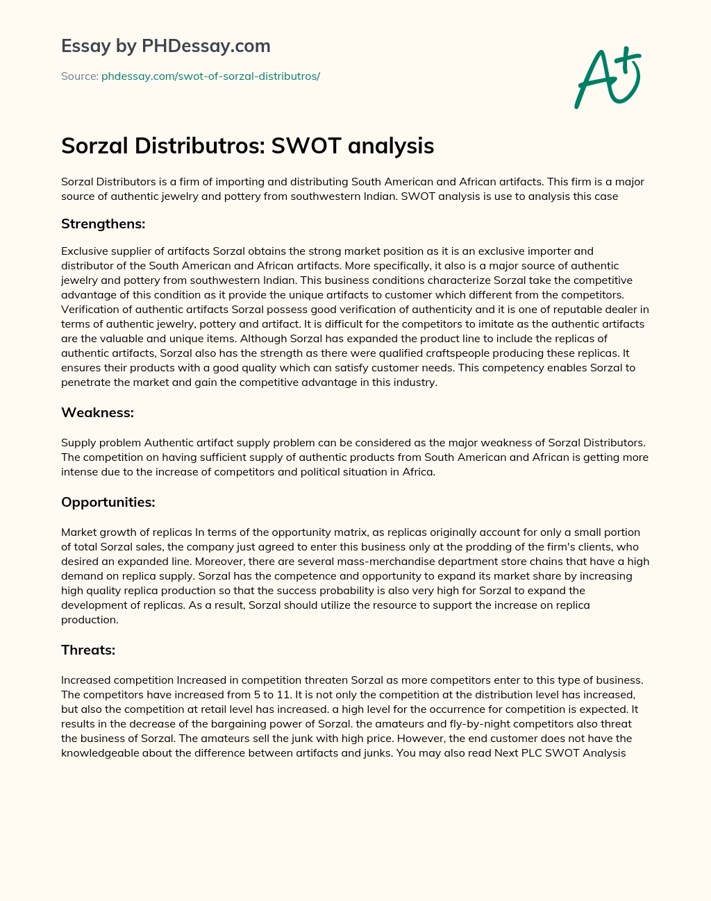 Sorzal Distributros: SWOT analysis essay