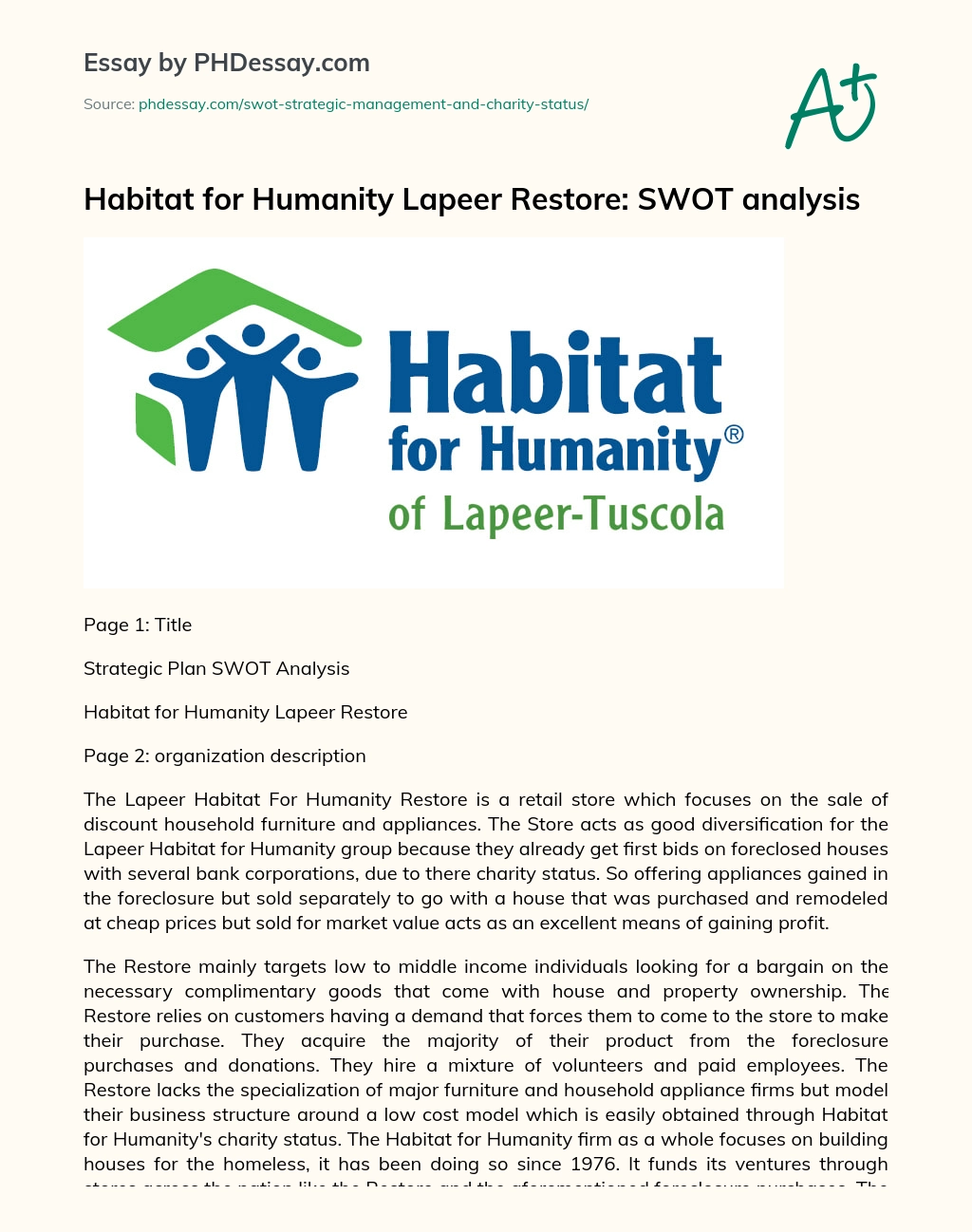 Habitat for Humanity Lapeer Restore: SWOT Analysis essay