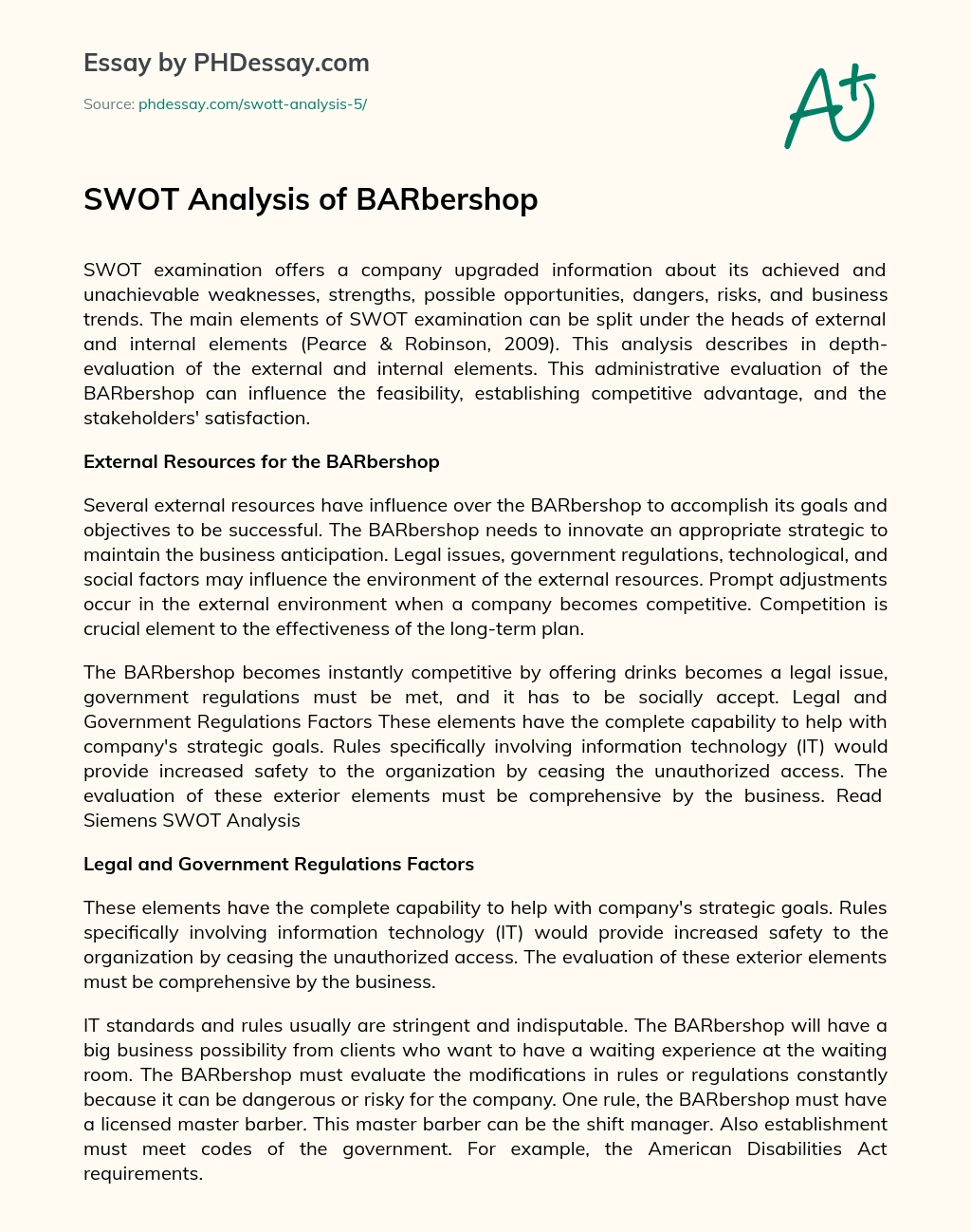 SWOT Analysis of BARbershop essay