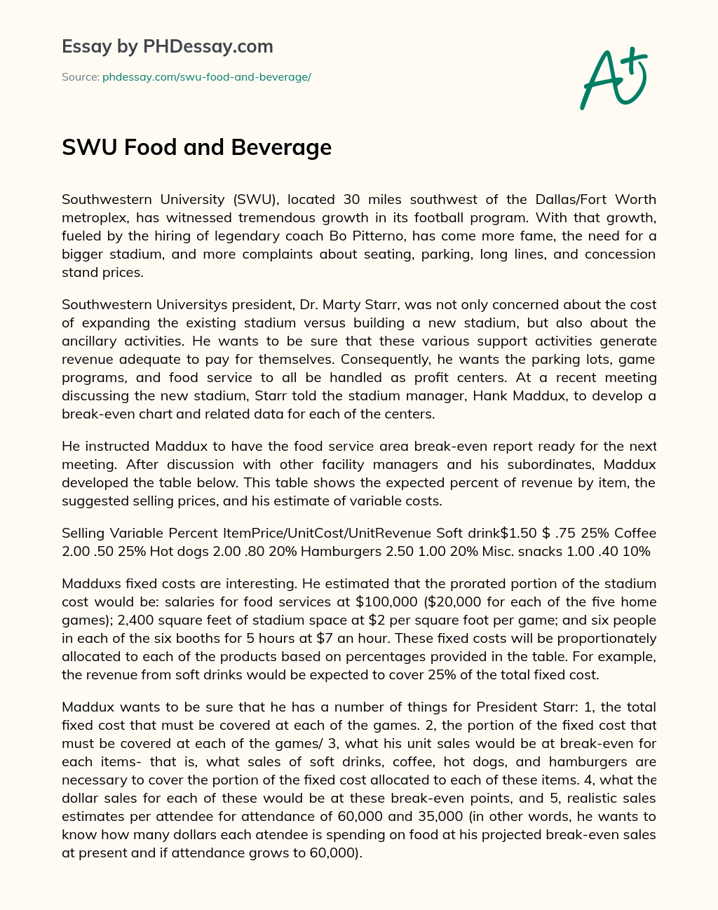 SWU Food and Beverage essay