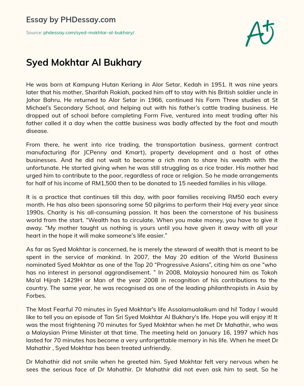 Syed Mokhtar Al Bukhary essay