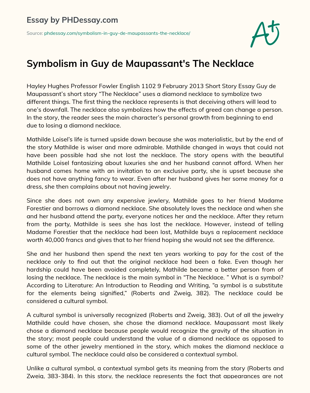 Symbolism in Guy de Maupassant’s The Necklace essay
