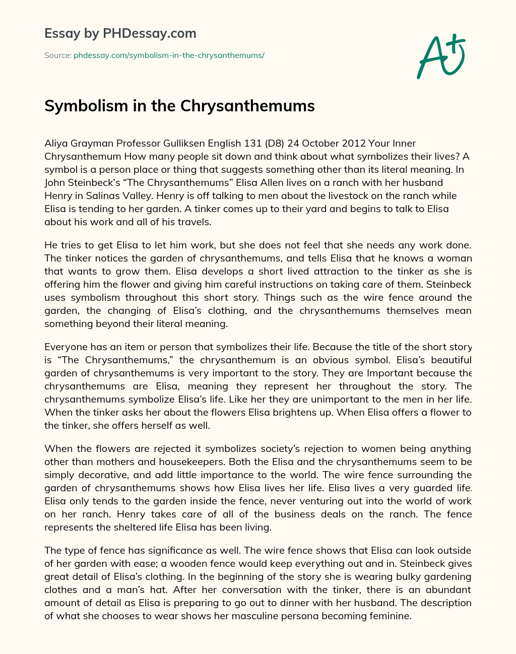 Реферат: Steinbeck Paper Essay Research Paper The Chrysanthemums