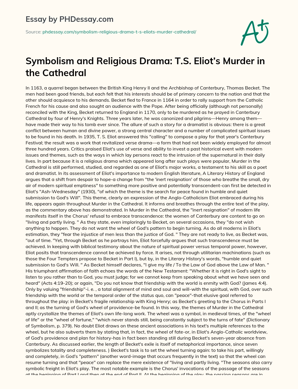 Symbolism and Religious Drama: T.S. Eliot’s Murder in the Cathedral essay