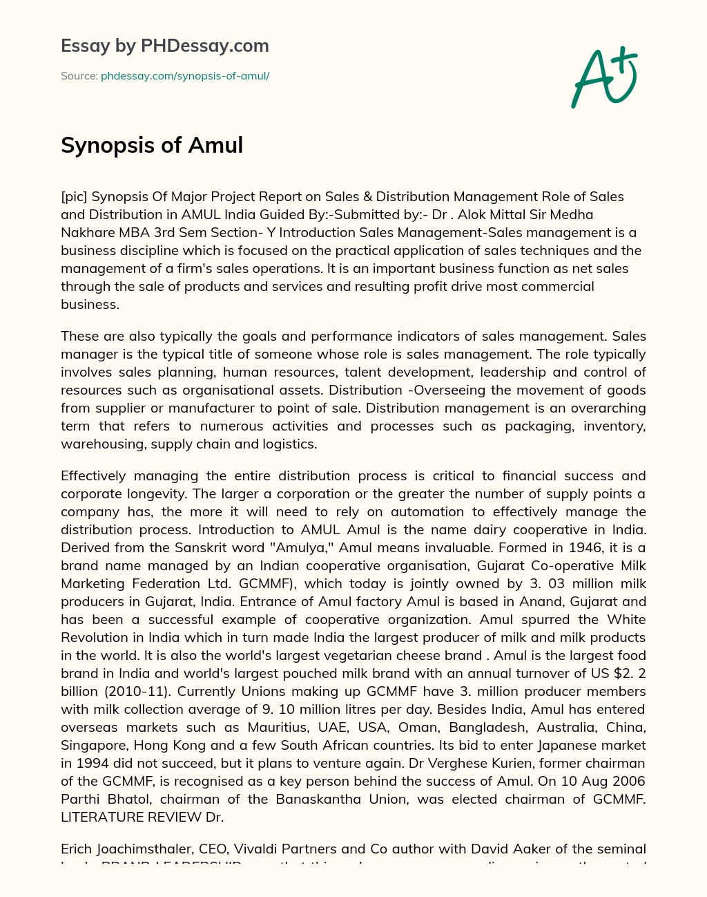 Synopsis of Amul essay