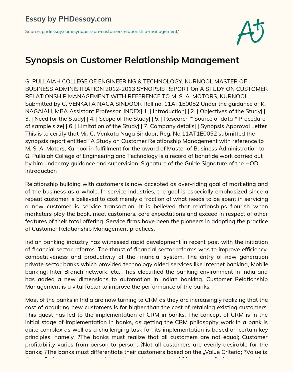 Synopsis on Customer Relationship Management essay