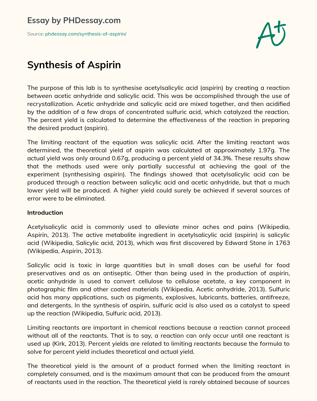 Synthesis of Aspirin essay