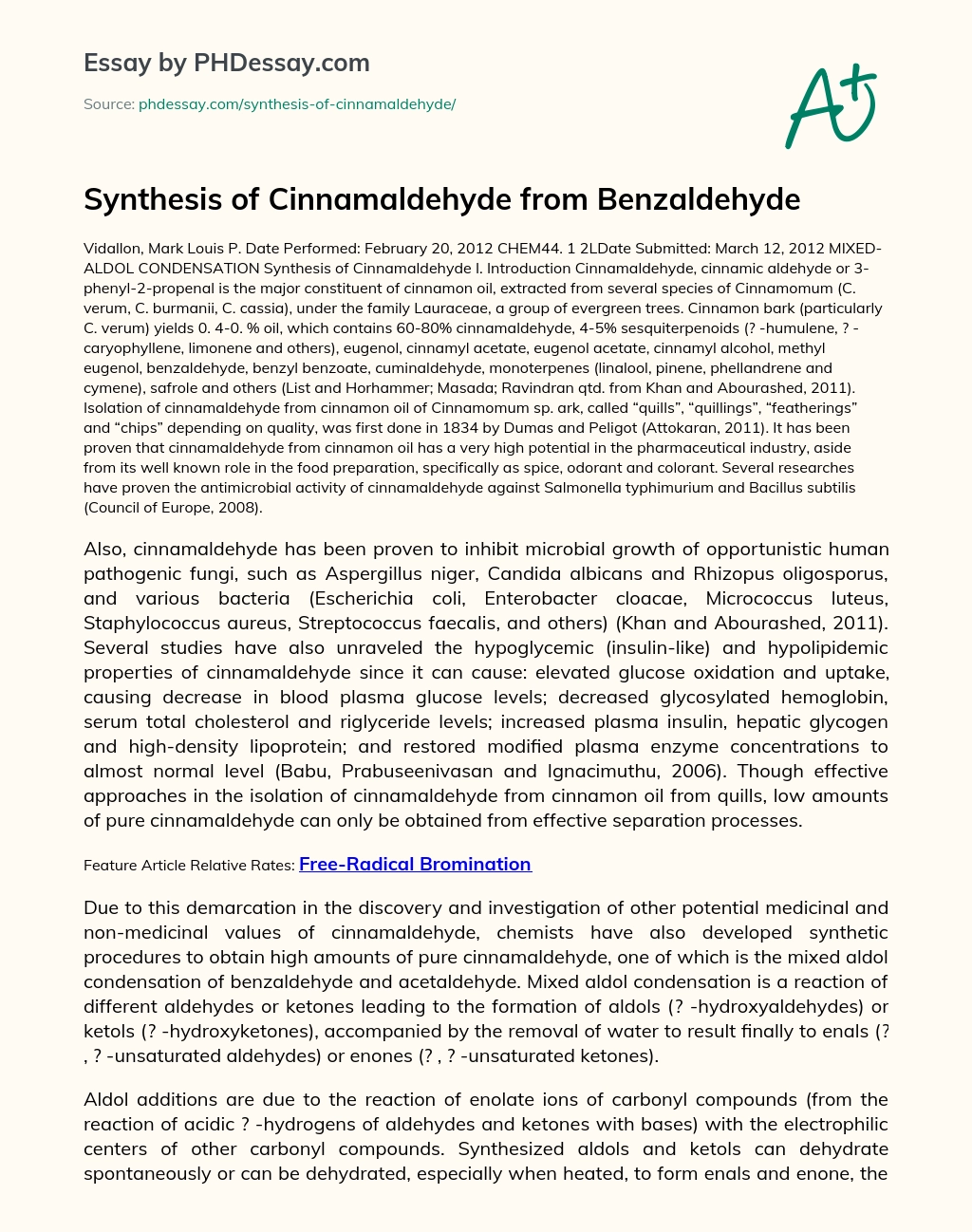 Synthesis of Cinnamaldehyde from Benzaldehyde essay
