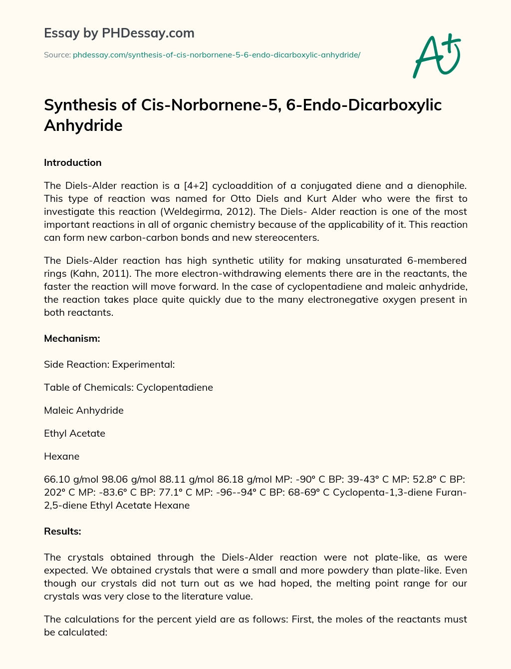 Synthesis of Cis-Norbornene-5, 6-Endo-Dicarboxylic Anhydride essay