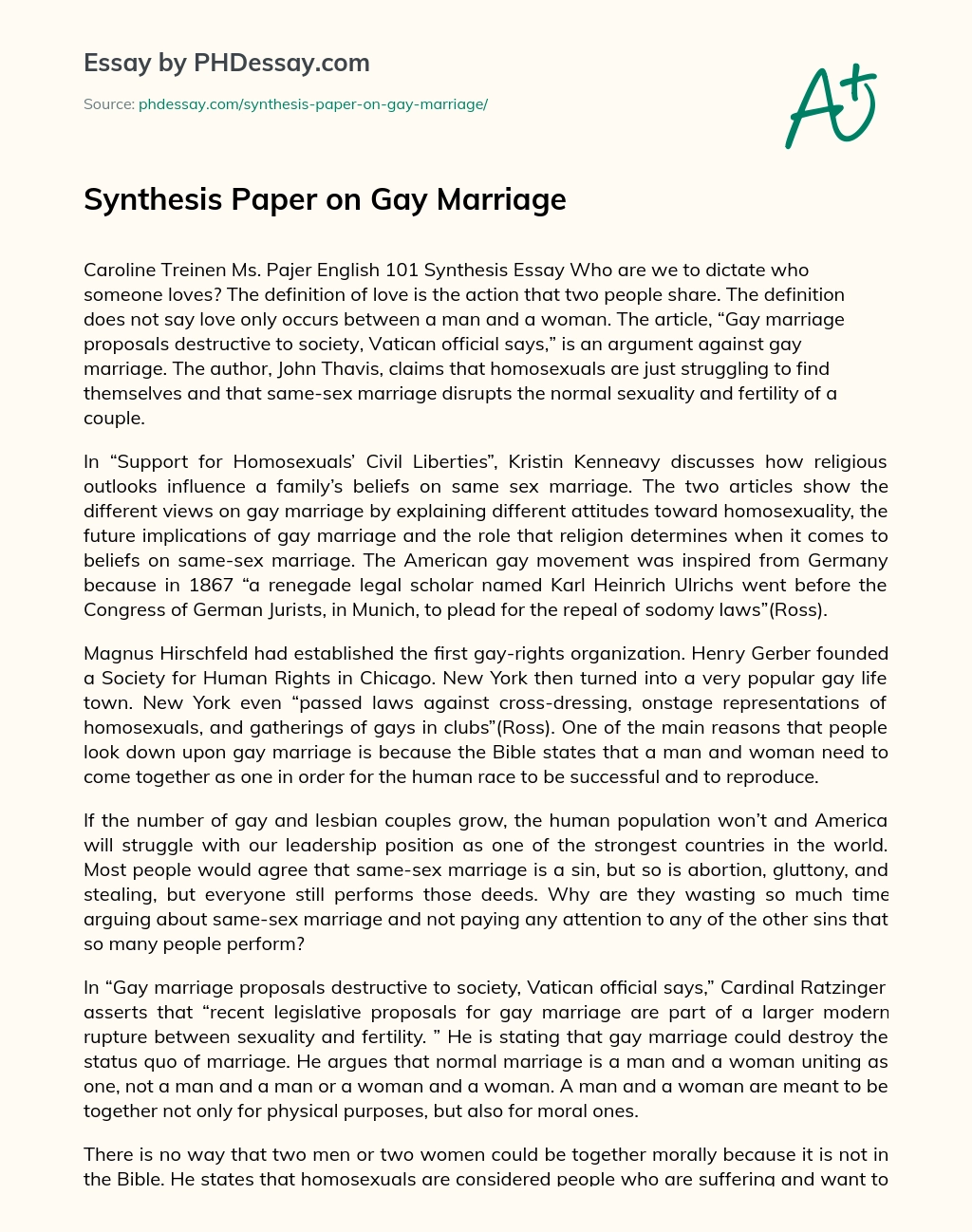 Synthesis Paper on Gay Marriage