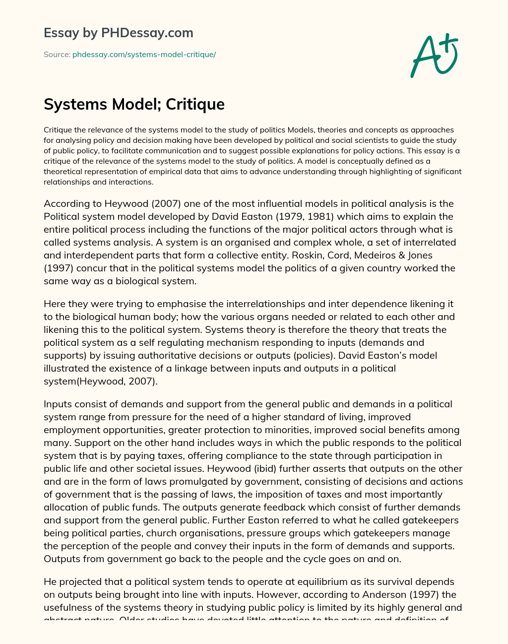 Systems Model; Critique essay