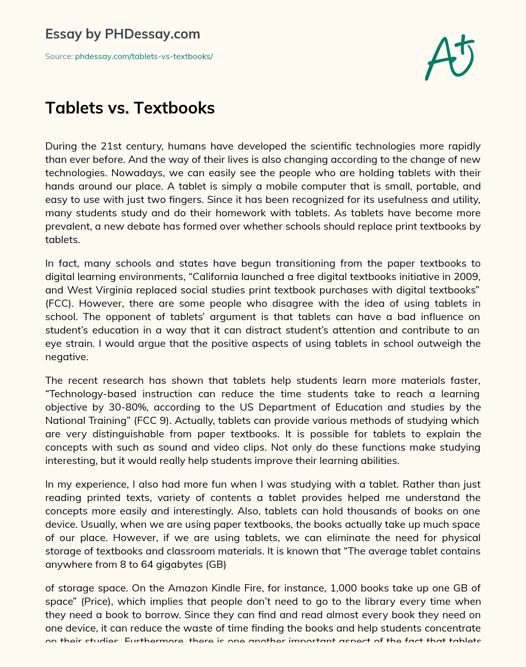 Tablets vs. Textbooks essay