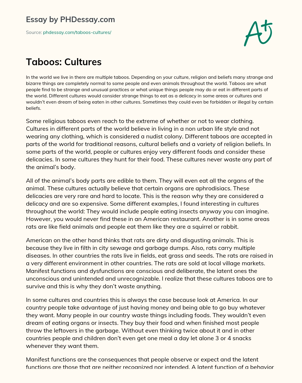 Taboos: Cultures essay