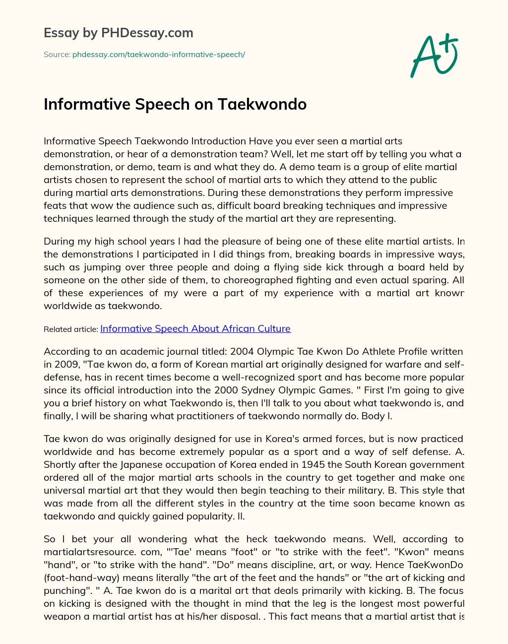Informative Speech on Taekwondo essay