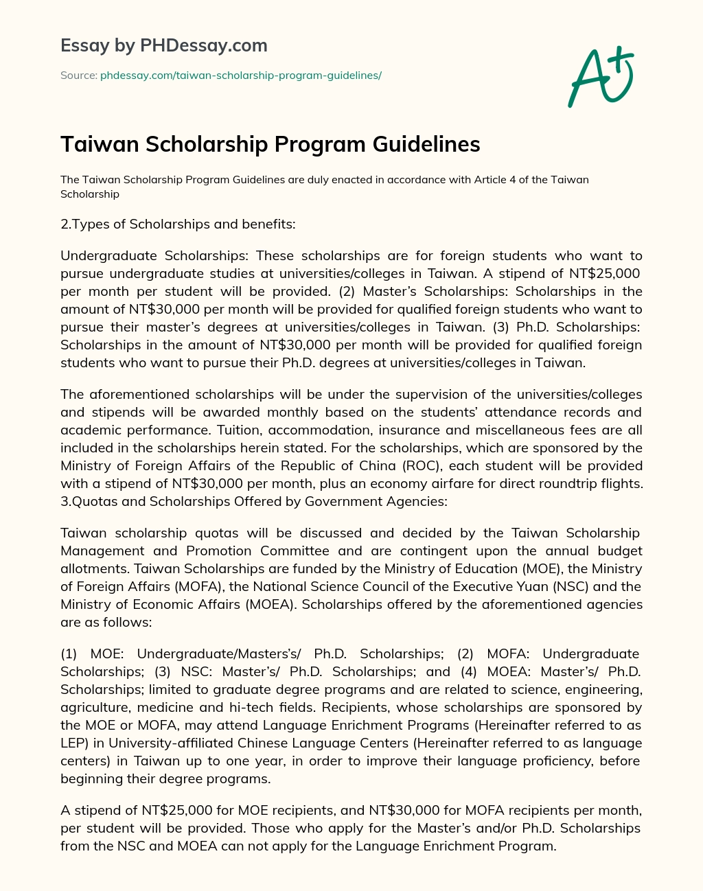 Taiwan Scholarship Program Guidelines essay