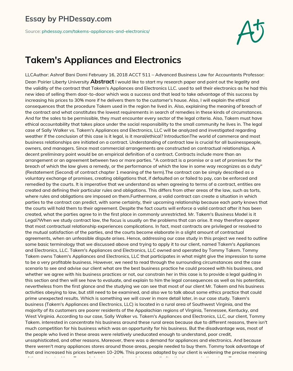 Takem’s Appliances and Electronics essay
