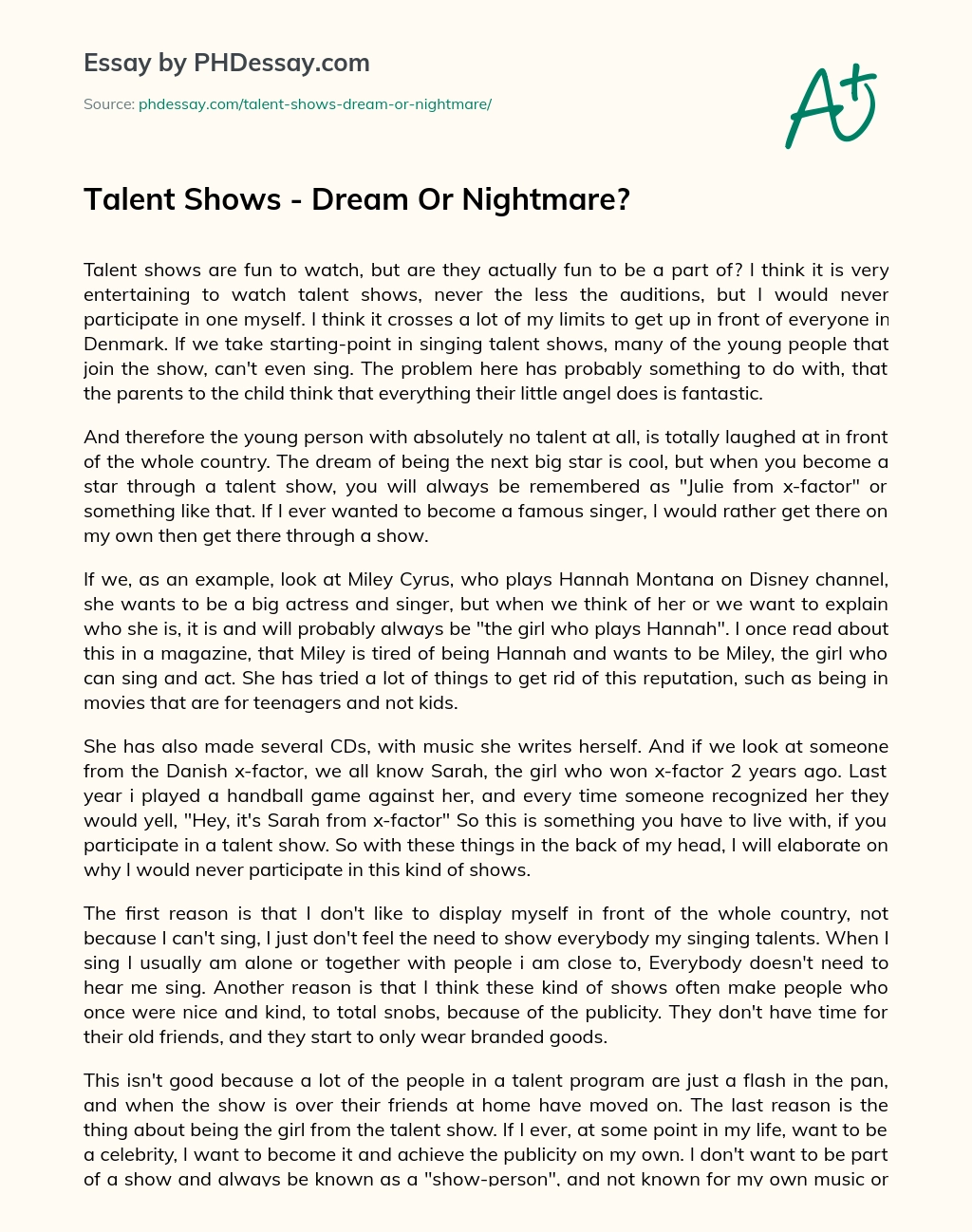 Talent Shows – Dream Or Nightmare? essay
