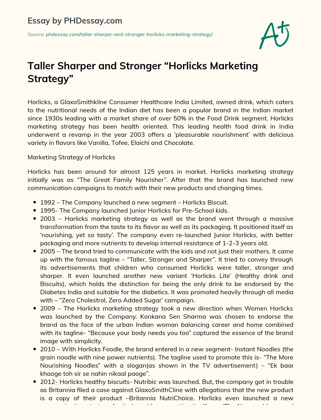 Taller Sharper and Stronger “Horlicks Marketing Strategy” essay