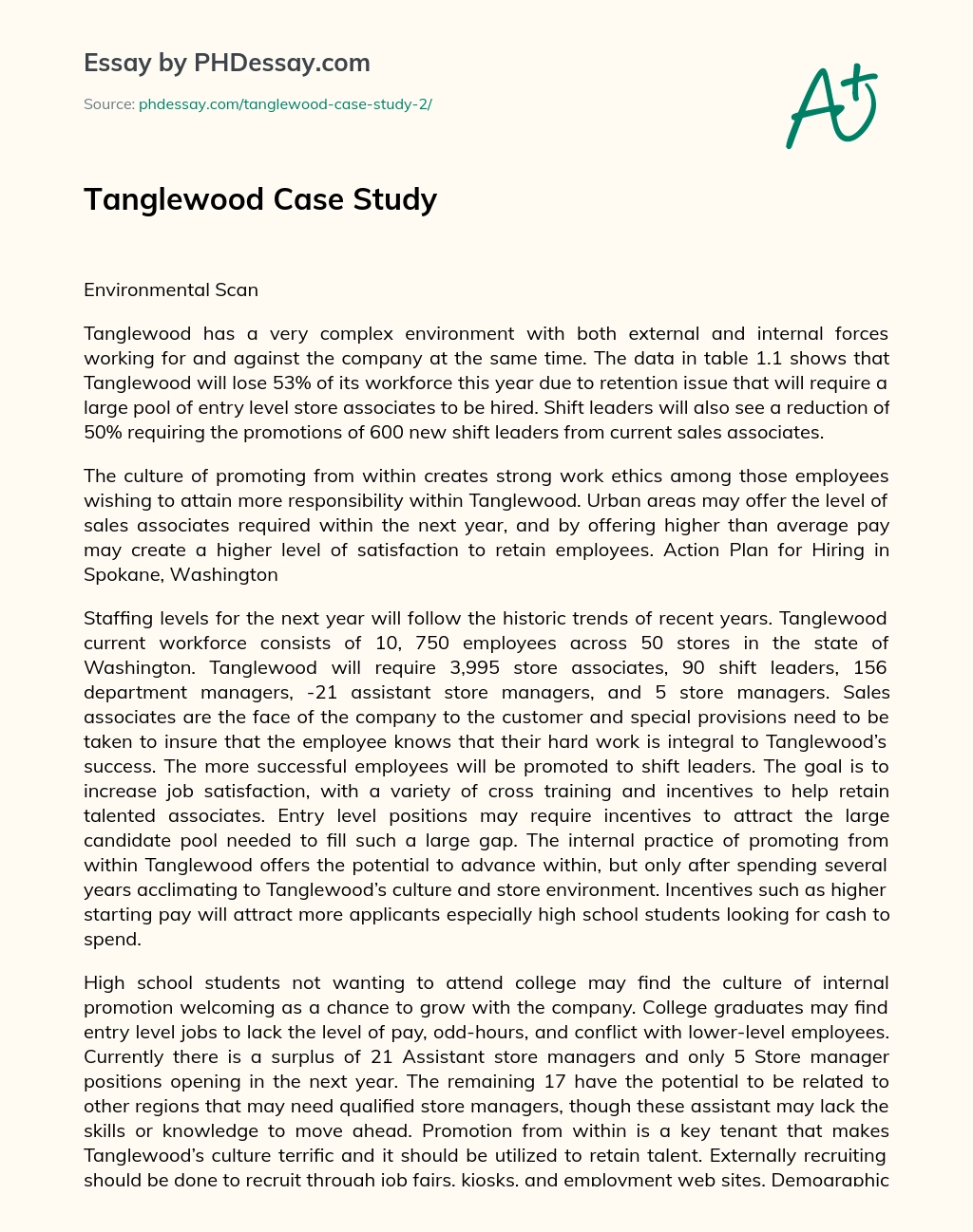 Tanglewood Case Study essay