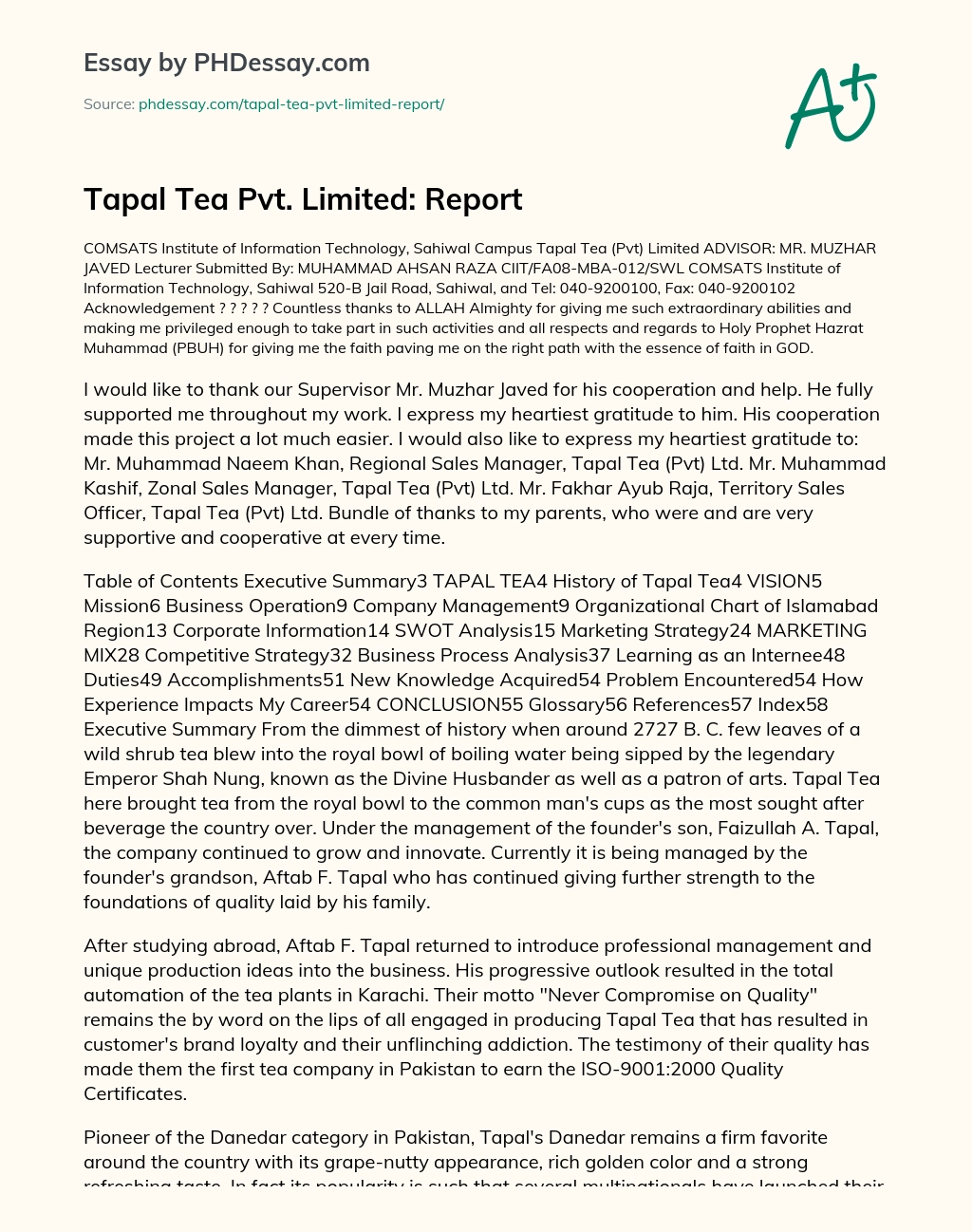 Tapal Tea Pvt. Limited: Report essay