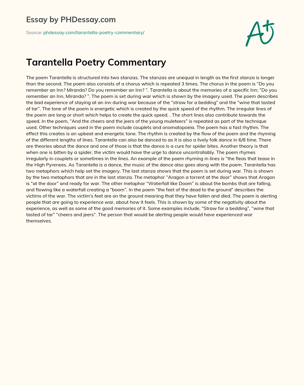 Tarantella Poetry Commentary essay