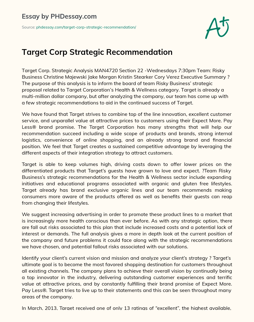 Target Corp Strategic Recommendation essay