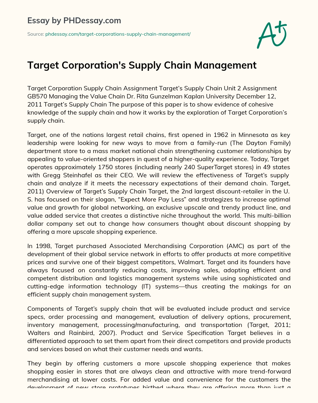 Target Corporation’s Supply Chain Management essay