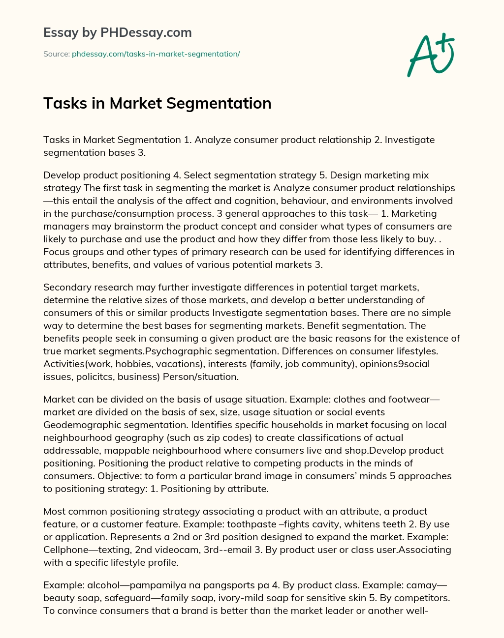 Tasks in Market Segmentation essay