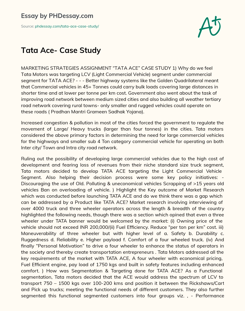 Tata Ace- Case Study essay