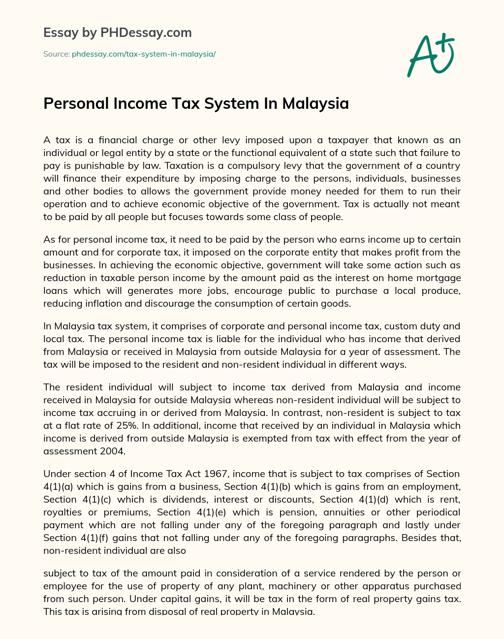 Personal Income Tax System In Malaysia essay