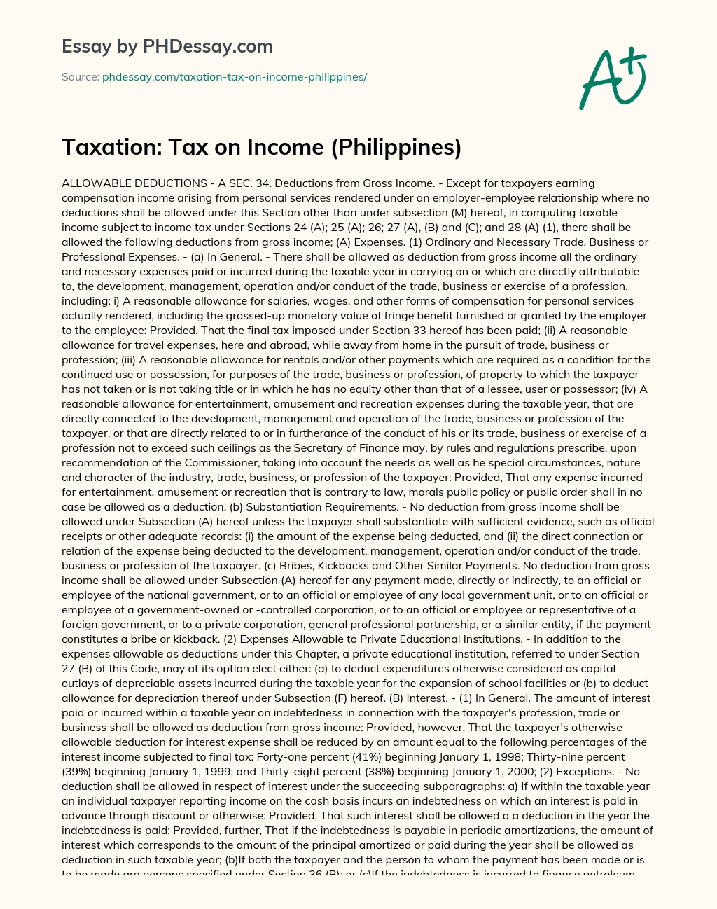 Taxation: Tax on Income (Philippines) essay