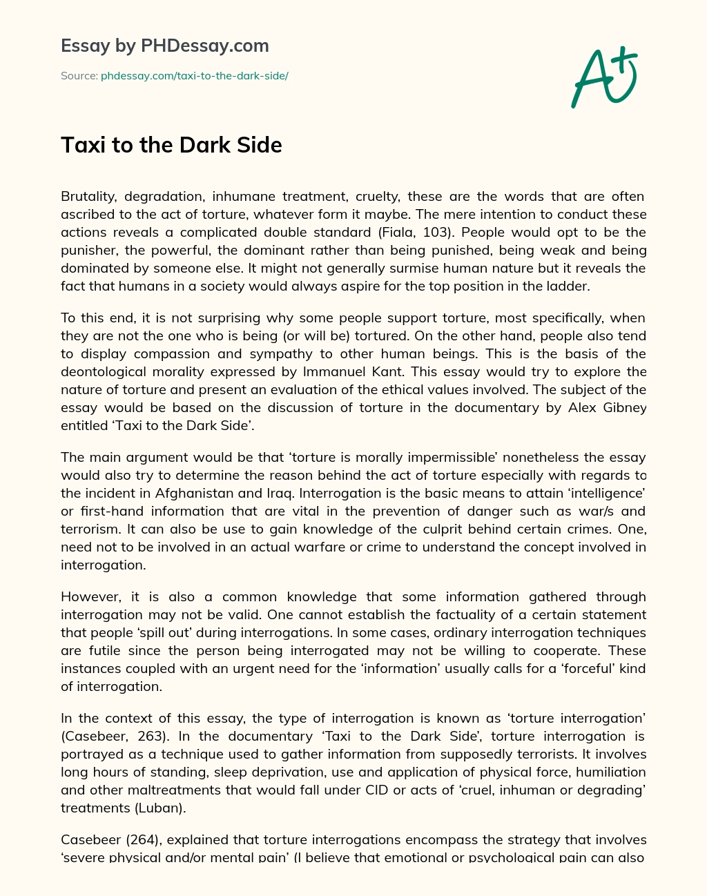 Taxi to the Dark Side essay