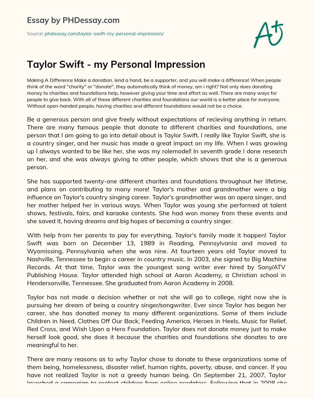 Taylor Swift – my Personal Impression essay
