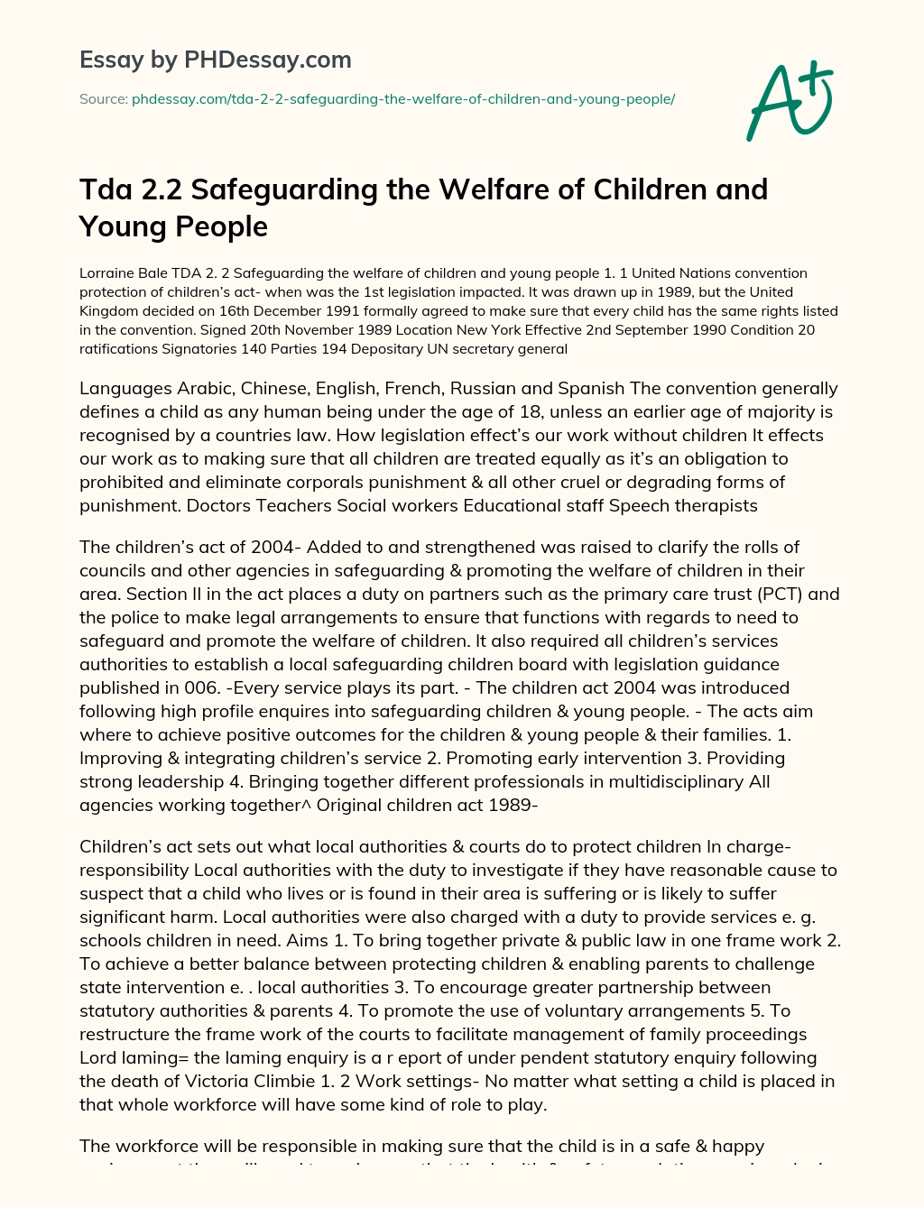 Tda 2.2 Safeguarding the Welfare of Children and Young People essay