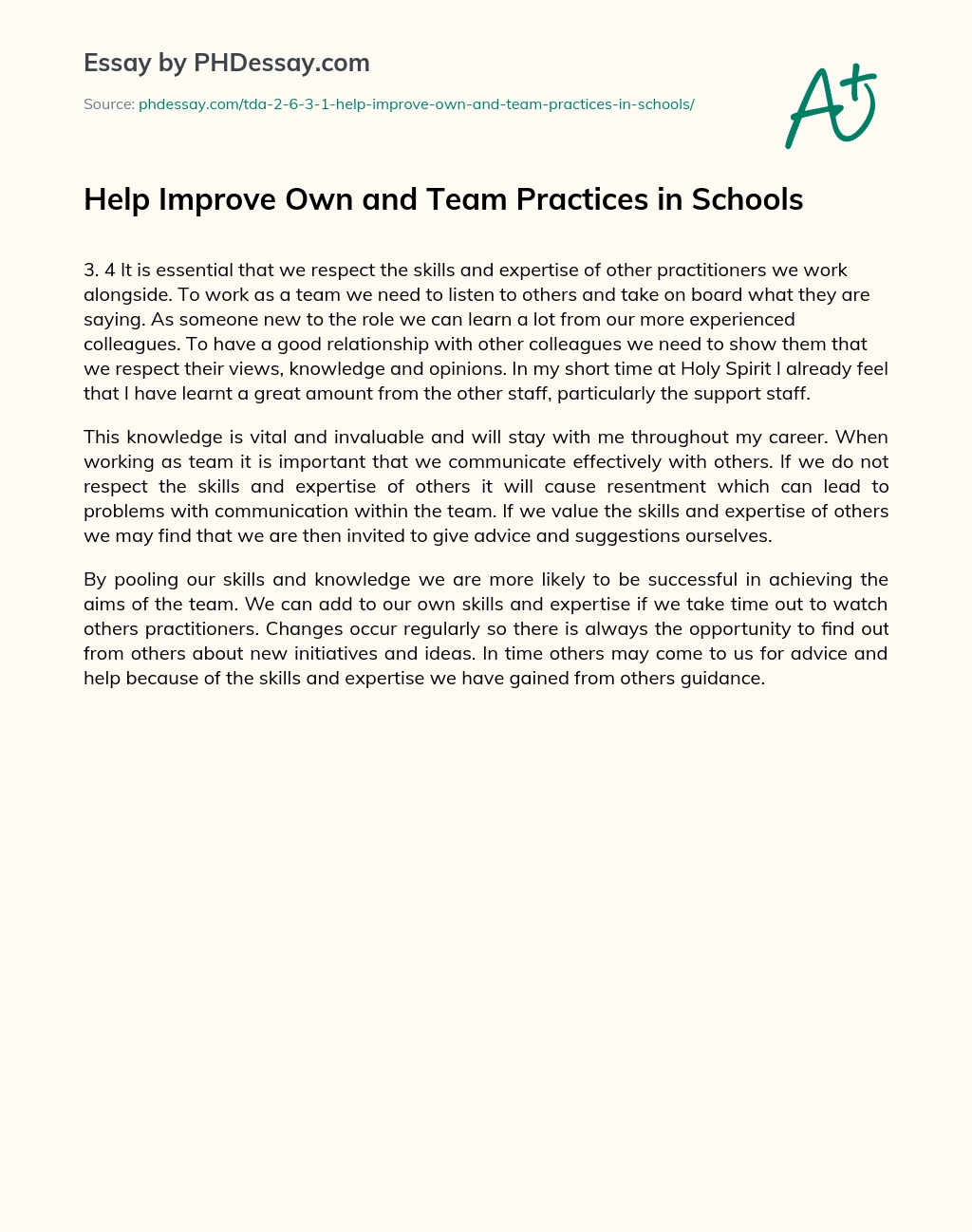 Help Improve Own and Team Practices in Schools essay