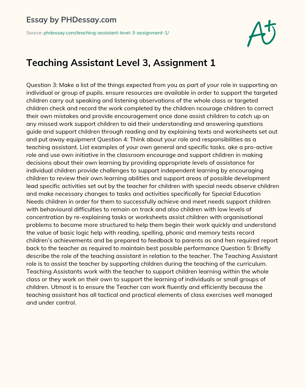 Teaching Assistant Level 3, Assignment 1 essay