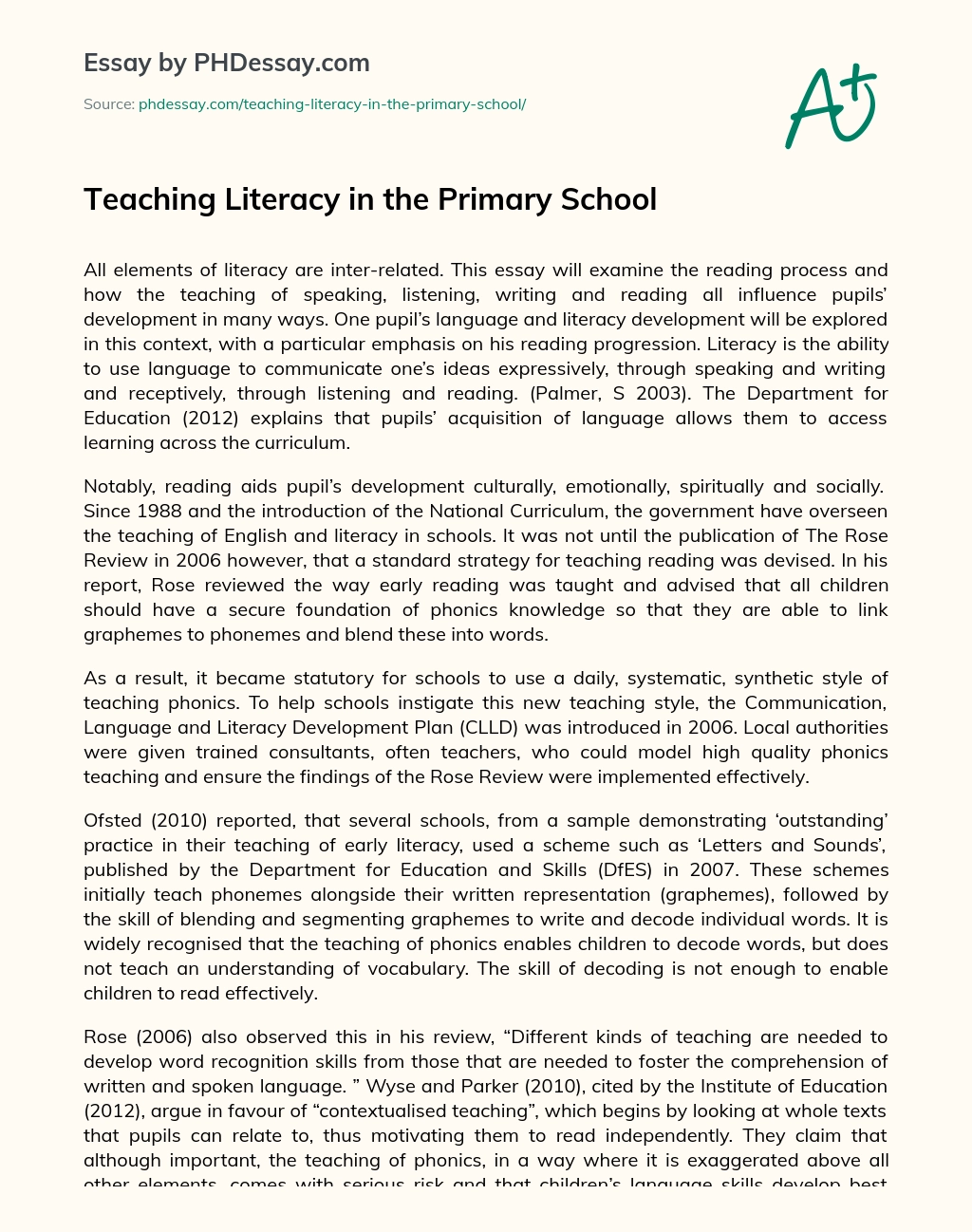 Teaching Literacy in the Primary School essay