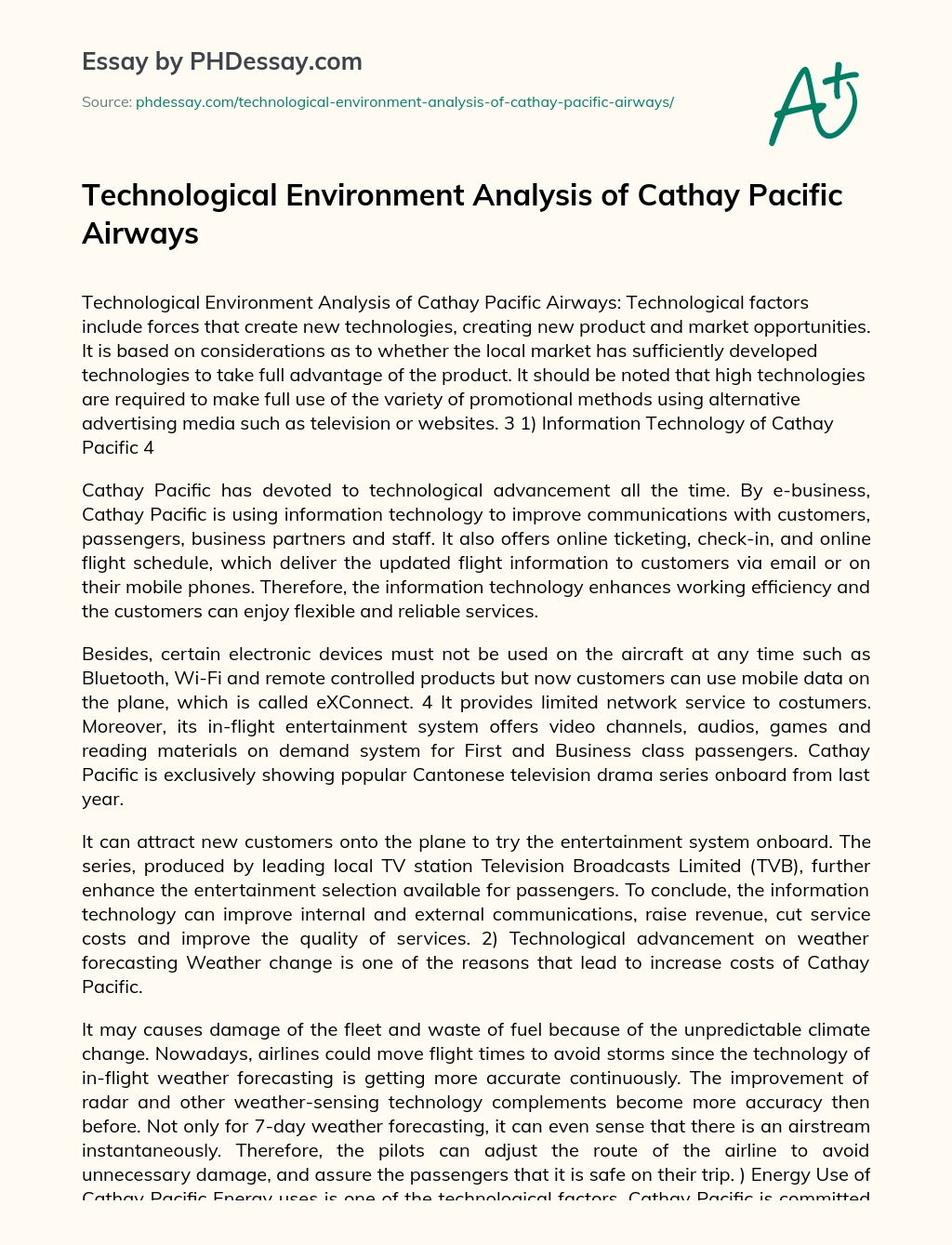 Technological Environment Analysis of Cathay Pacific Airways essay