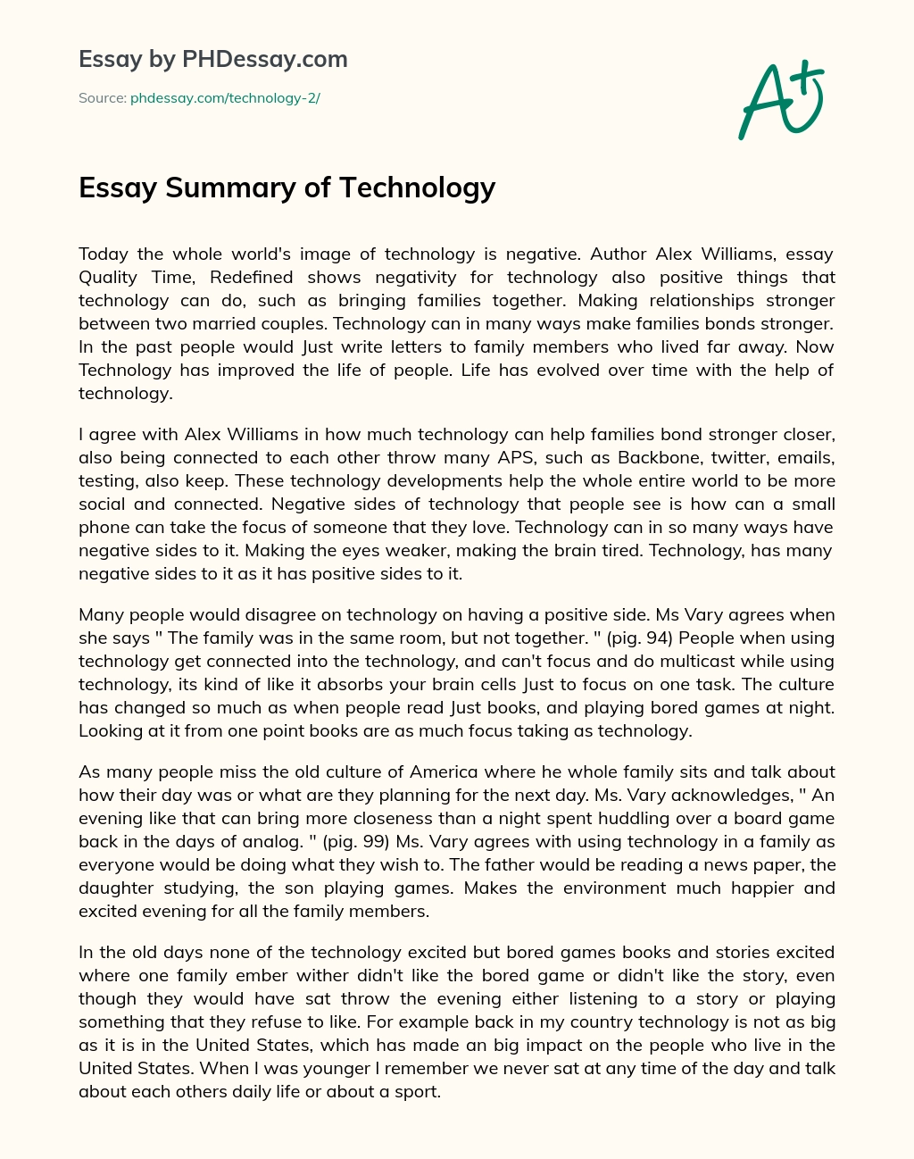 Essay Summary of Technology essay