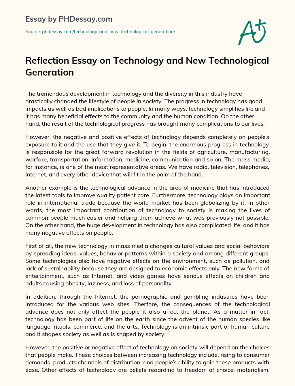 Reflection Essay on Technology and New Technological Generation essay