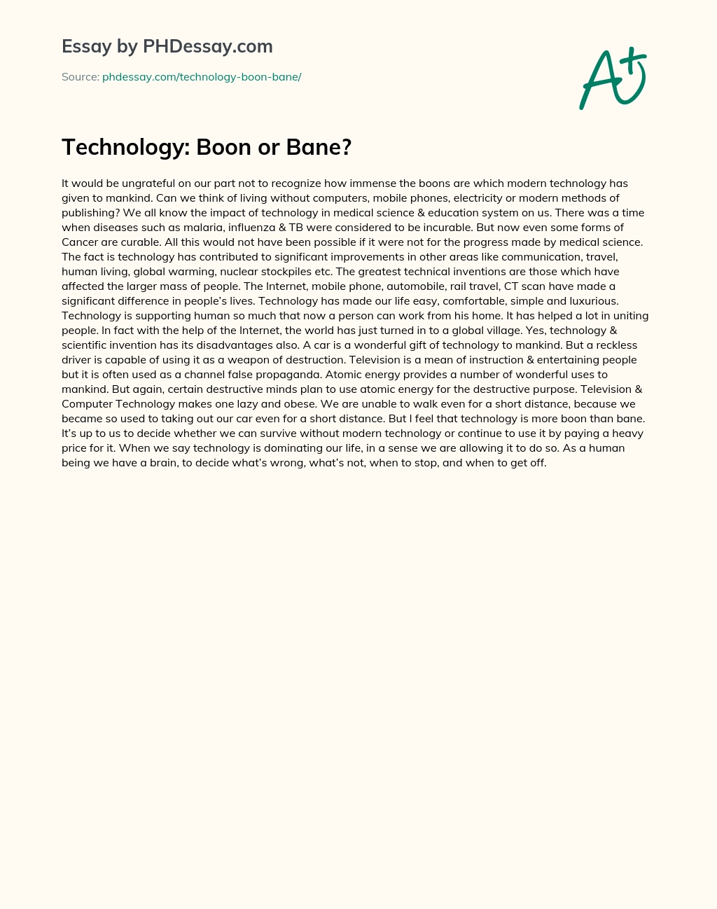 argumentative essay on technology boon or bane