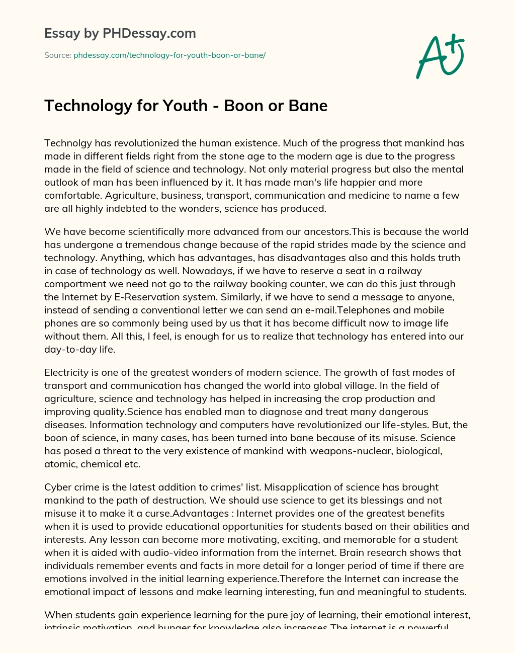 Technology for Youth – Boon or Bane essay