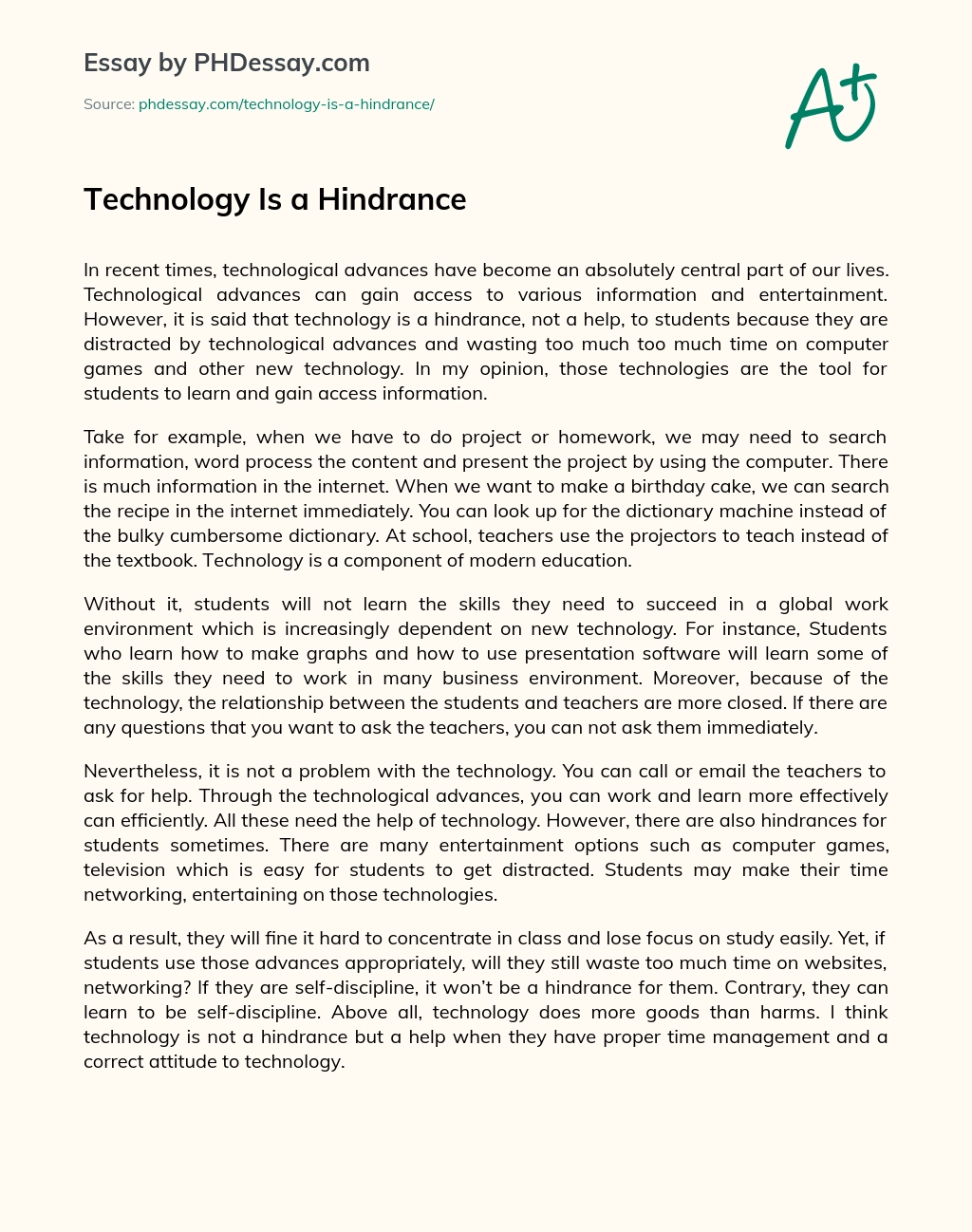 Technology Is a Hindrance essay