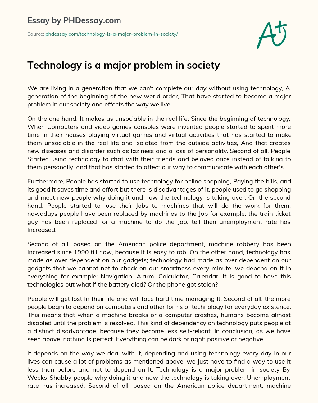Technology is a major problem in society essay