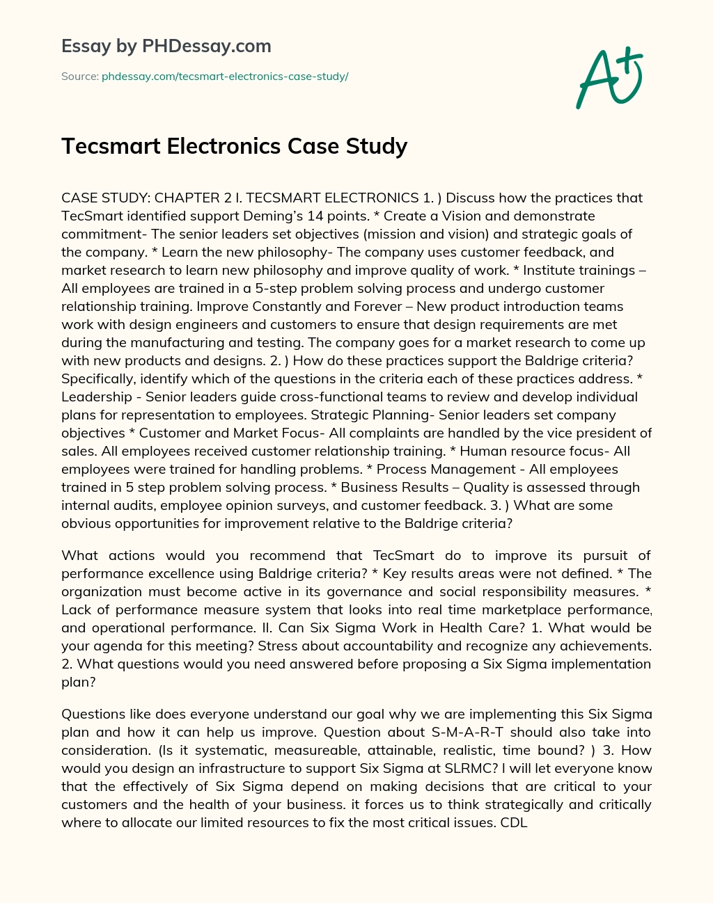 Tecsmart Electronics Case Study essay
