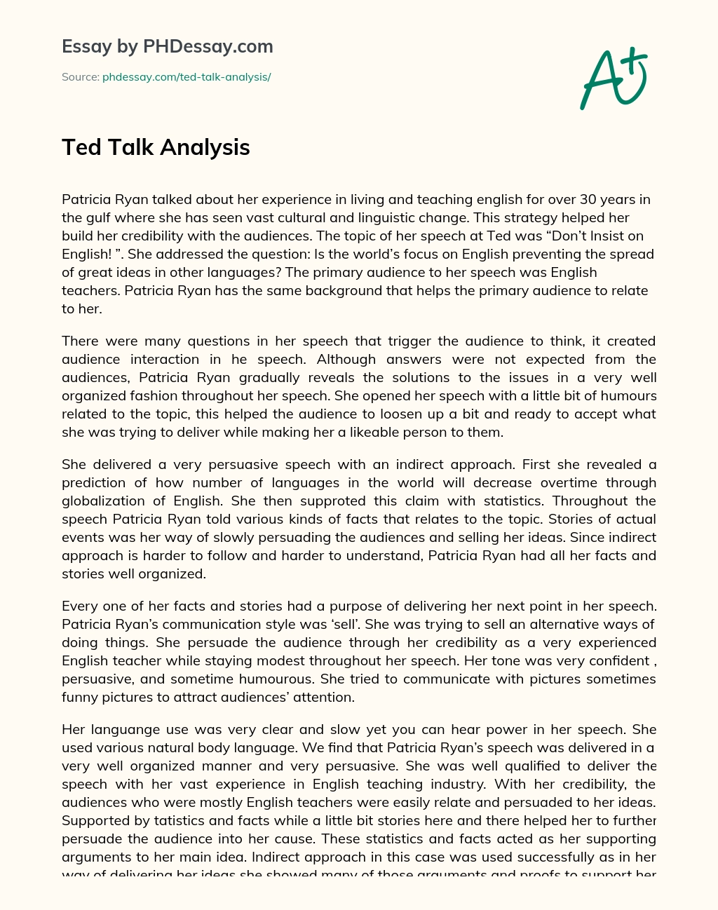 Ted Talk Analysis Essay Speech Example 500 Words PHDessay