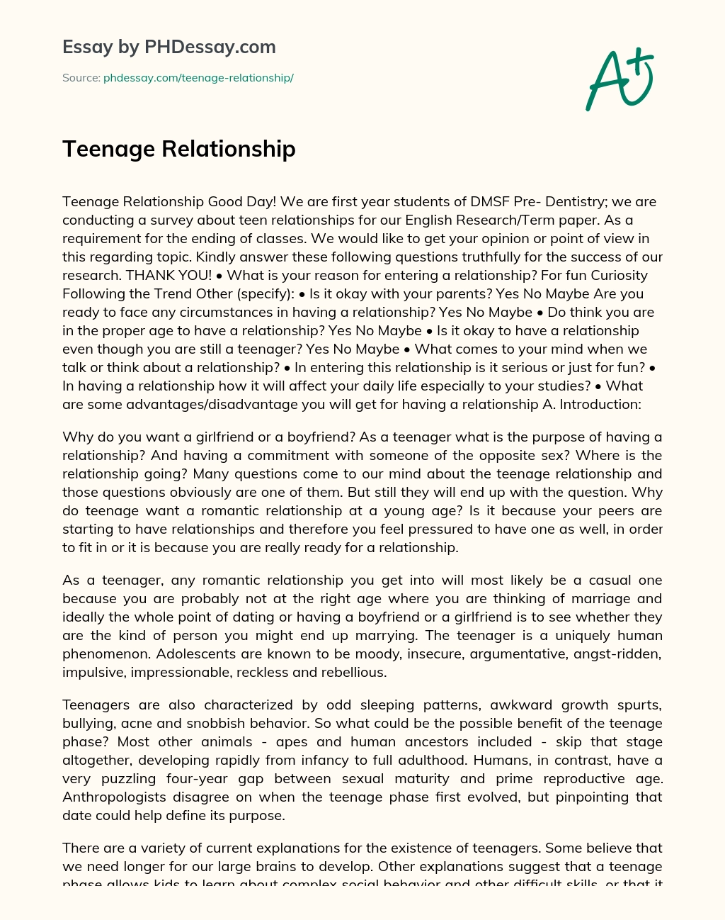 Teenage Relationship essay