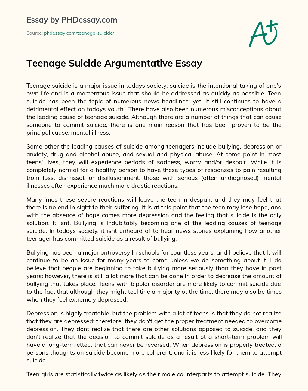 Teenage Suicide Argumentative Essay essay